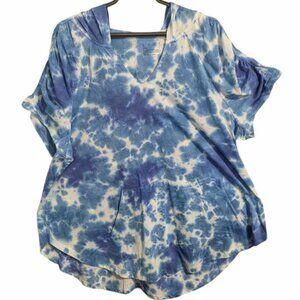 LIVI  women's hooded short sleeve shirt top 22/24 blue white tie dye NEW w-358